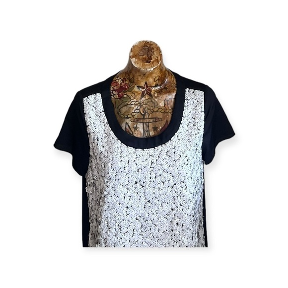 Ann Taylor top short sleep black white sequins medium - Picture 2 of 7